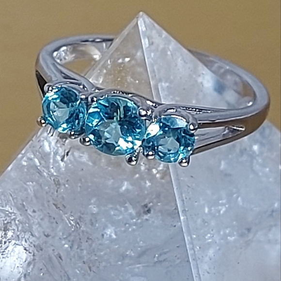 Natural Blue Apatite 5mm 14K White Gold on 925 Sterling Silver Ring Sz 7.5 - Picture 2 of 9